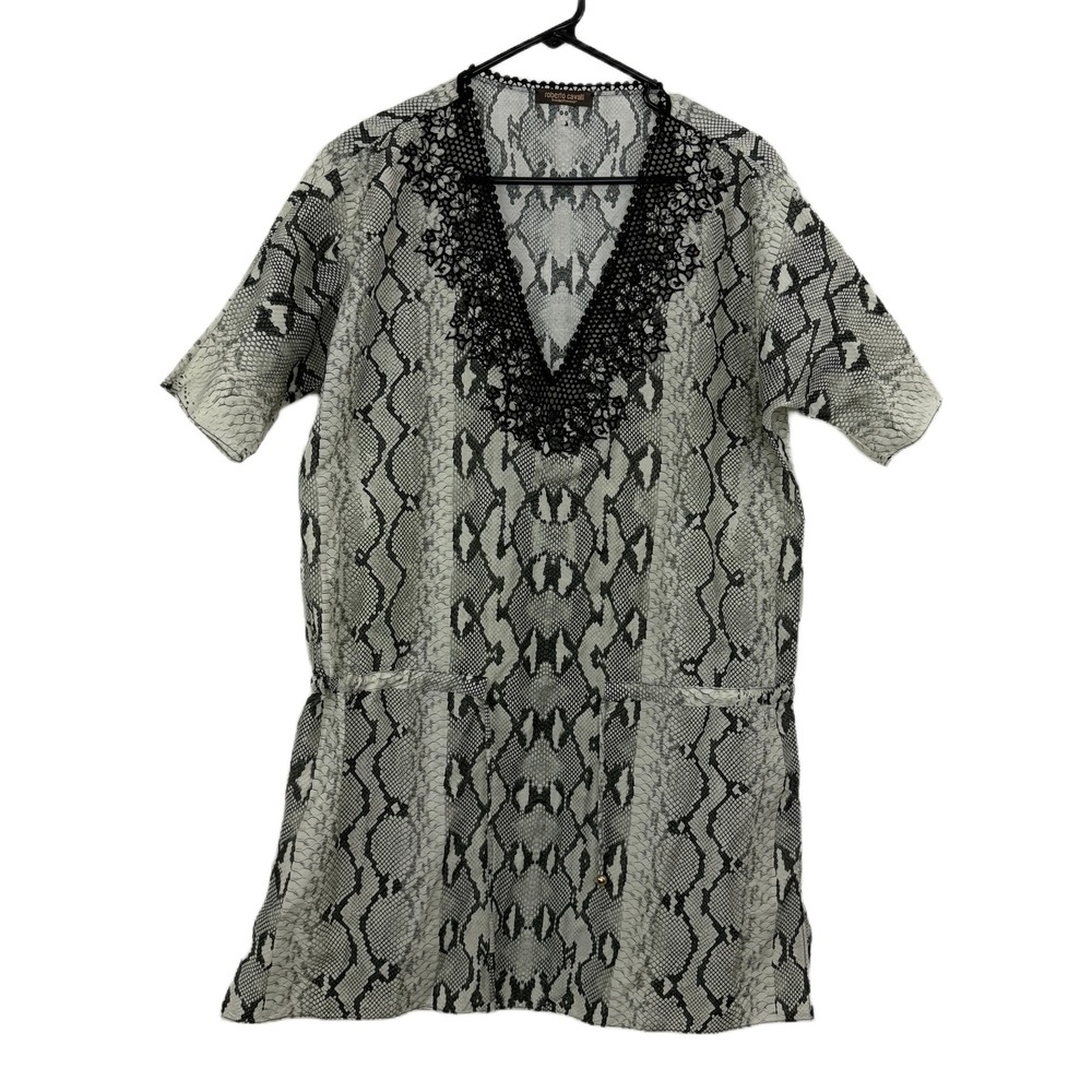 Roberto Cavalli Cover Up Womens OS Gray Black Snakeskin Lace V-Neck Beachwear
